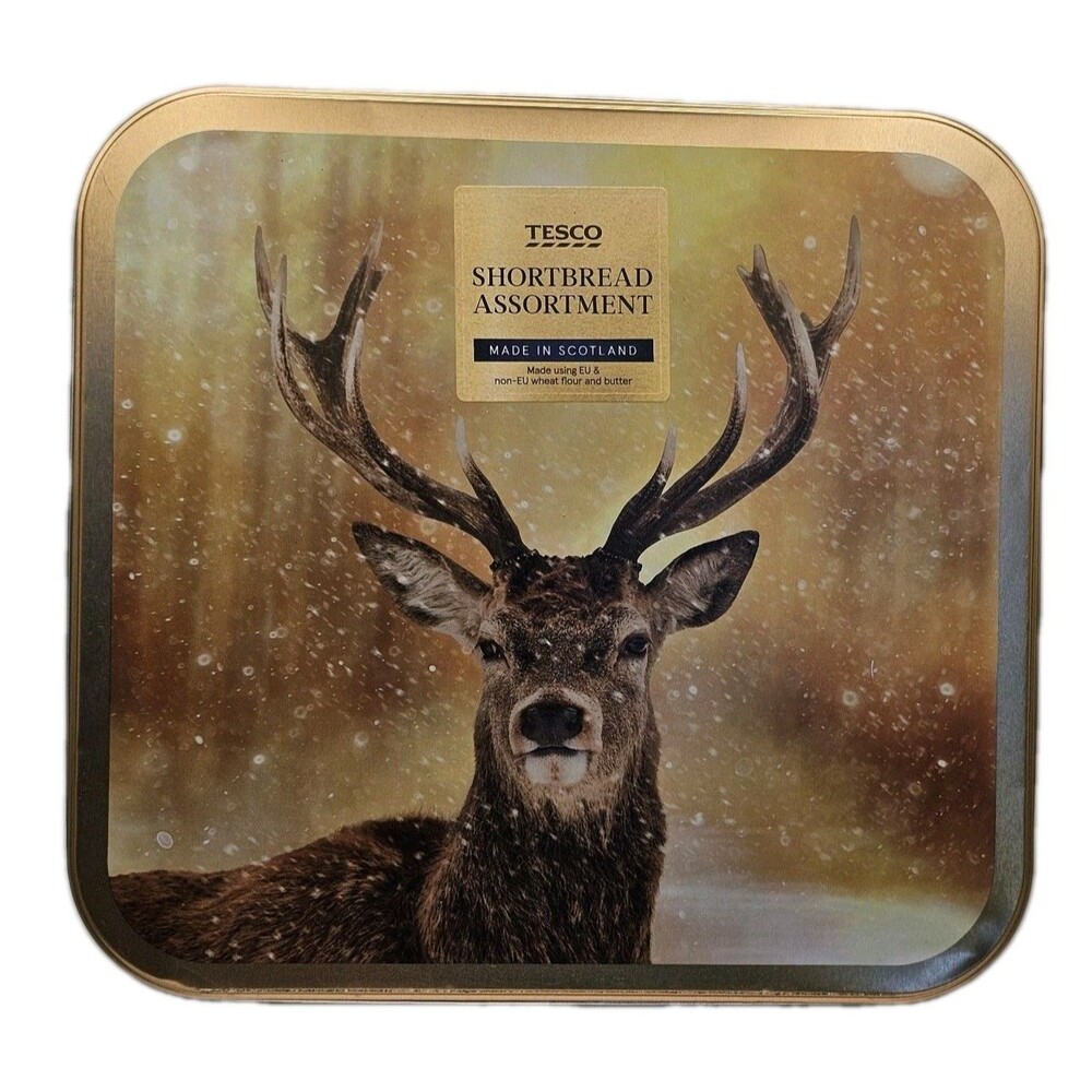 Tesco Shortbread Assortment Collectable Deer Tin  9 In X 9 In Square EMPTY